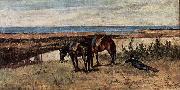 Giovanni Fattori Soldat mit zwei Pferden am Ufer des Meeres oil